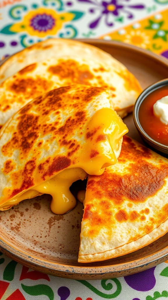 Cheese quesadilla cut into wedges with melted cheese, served with salsa and sour cream.